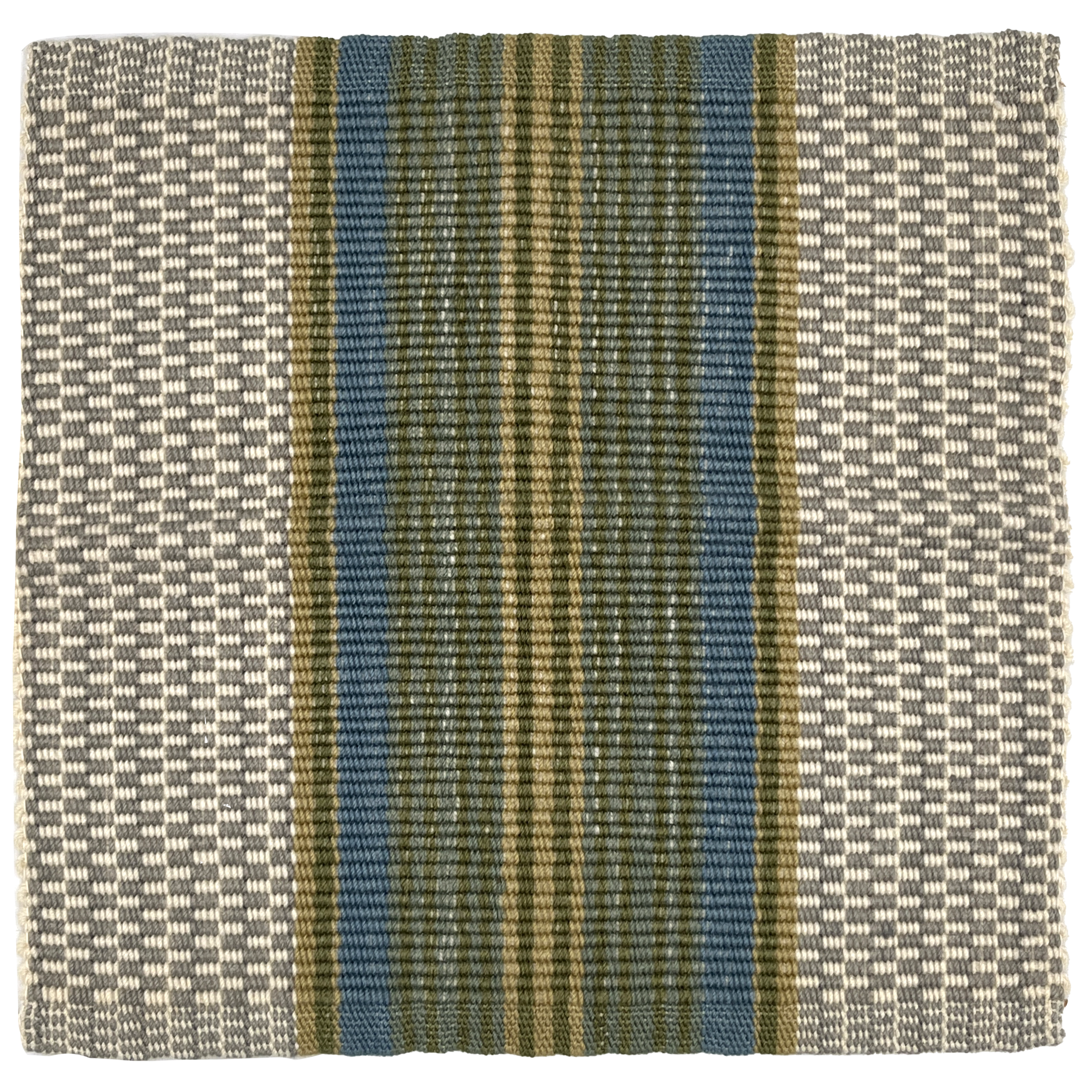 Woven rug with horizontal stripes in blue, green, and gray on a white background