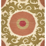 Decorative rug with floral scroll pattern pattern in pink and green on a beige background