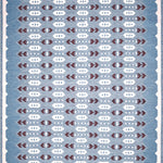 Handwoven rug in a Swedish arrow design in brown and white on a green field. 