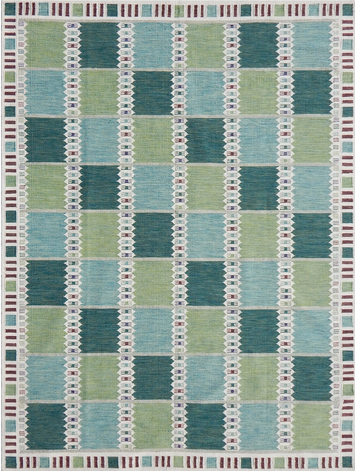 Handwoven rug in a Swedish checkerboard design shades of green and teal with white and brown accents. 