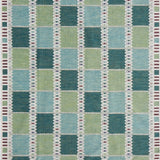 Handwoven rug in a Swedish checkerboard design shades of green and teal with white and brown accents. 