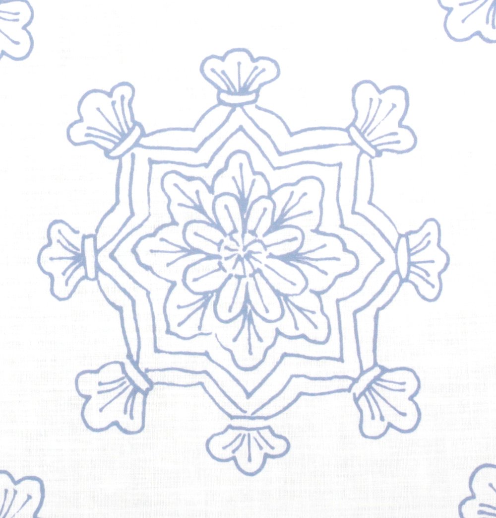 Detail of fabric in a floral medallion print in light blue on a white field.