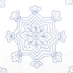 Detail of fabric in a floral medallion print in light blue on a white field.