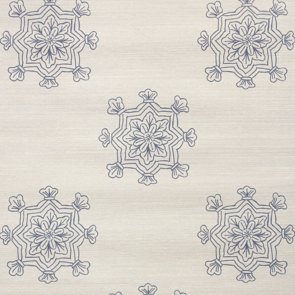 Detail of fabric in a floral medallion print in navy on a cream field.