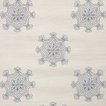 Detail of fabric in a floral medallion print in navy on a cream field.