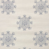 Detail of fabric in a floral medallion print in navy on a cream field.