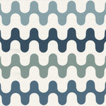 Detail of wallpaper in a playful curving stripe print in shades of green, blue and gray on a white field.