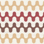 Detail of wallpaper in a playful curving stripe print in shades of yellow, red and orange on a white field.