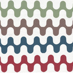 Detail of wallpaper in a playful curving stripe print in shades of red, brown and blue on a white field.