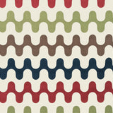 Detail of fabric in a playful curving stripe print in shades of green, blue and brown on a white field.