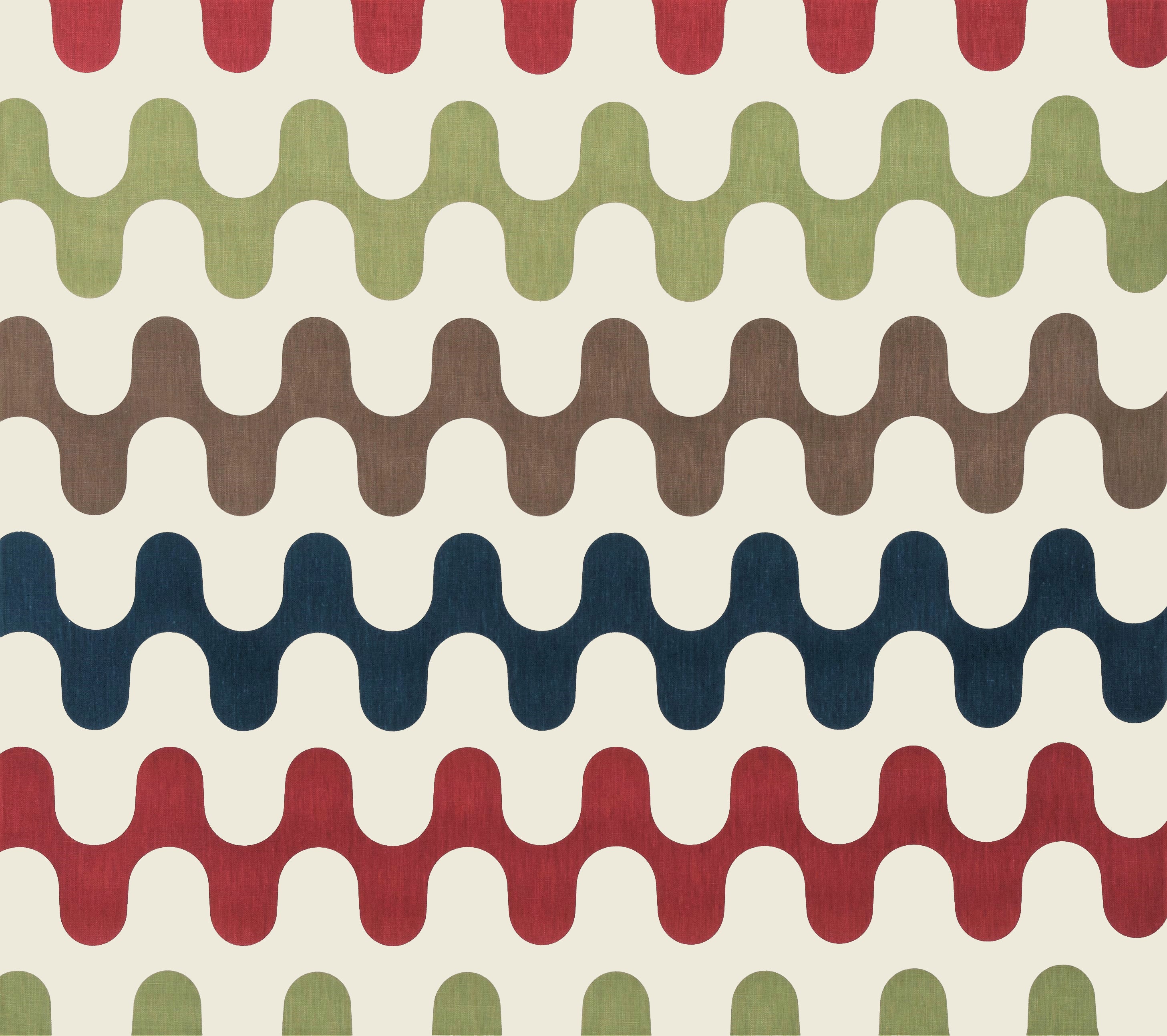 Detail of fabric in a playful curving stripe print in shades of green, blue and brown on a white field.