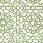 Detail of wallpaper in a small-scale lattice print in green on a cream field.