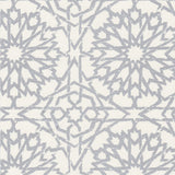 Detail of wallpaper in a small-scale lattice print in metallic gray on a white field.