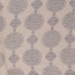 Detail of fabric in a paisley medallion print in gray on a tan field.