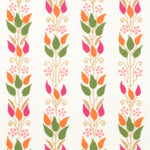 Detail of fabric in a striped botanical print in shades of pink, orange and green on a white field.