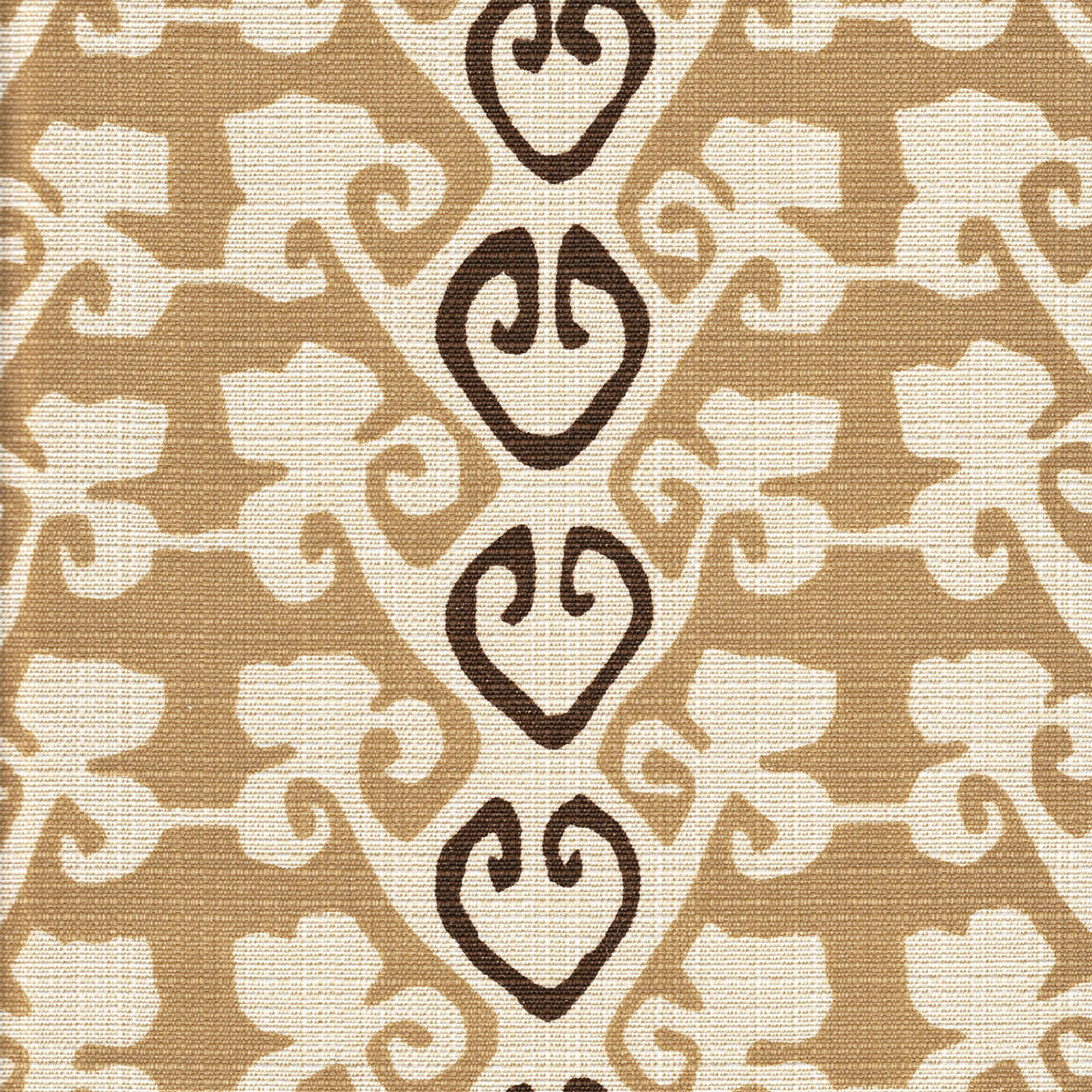 Detail of fabric in a minimalist botanical stripe in shades of brown on a cream field.