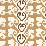 Detail of fabric in a minimalist botanical stripe in shades of brown on a cream field.