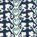 Detail of fabric in a minimalist botanical stripe in navy and blue on a white field.