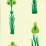 Detail of wallpaper in a playful floral print in shades of green on a cream field.
