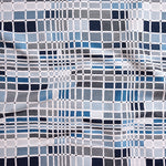 Close up of gently draped woven Indoor-Outdoor fabric with complex windowpane pattern in white with squares of grey, slate blue, marine and navy.