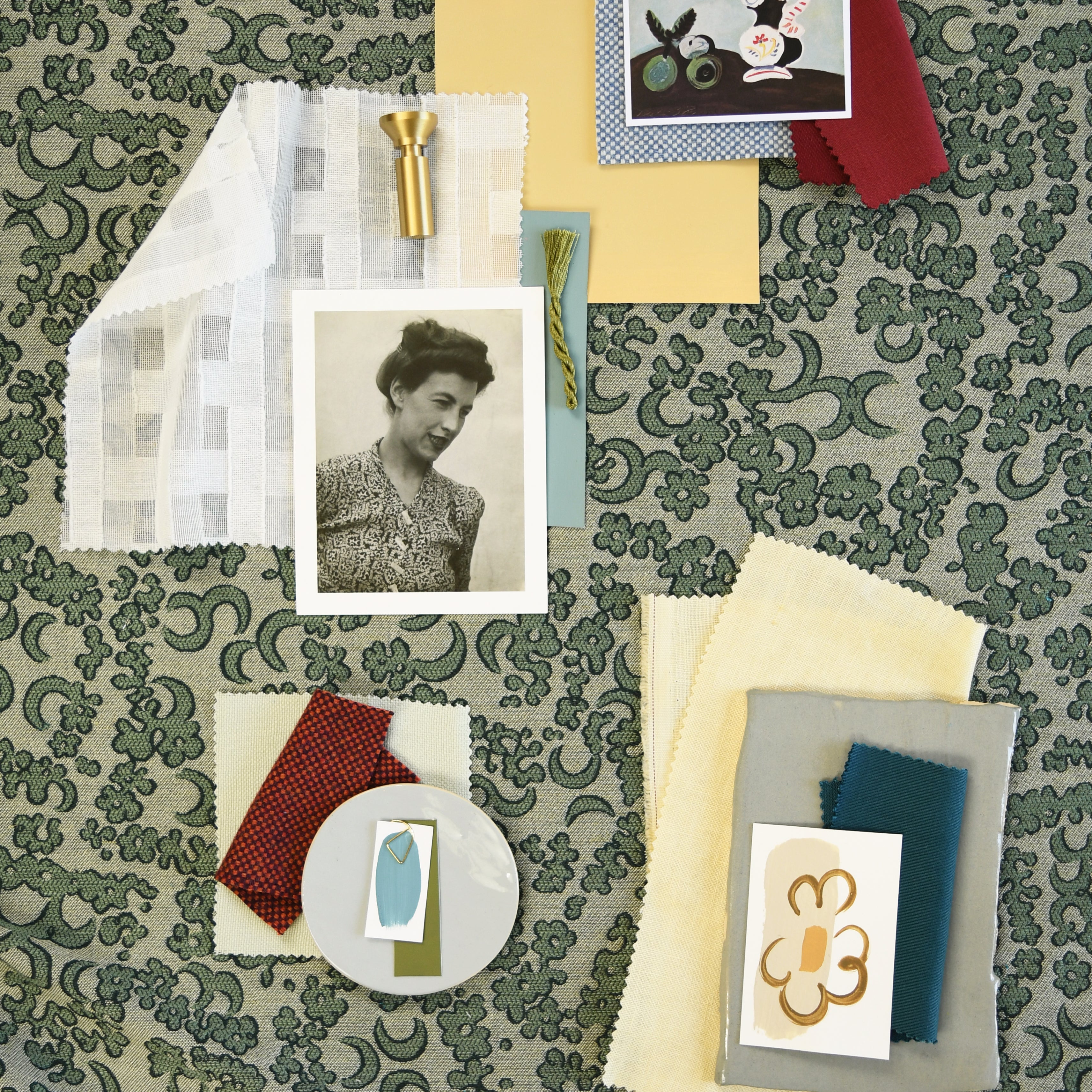 Moodboard with layered swatches of fabrics and inspiration images in palette of green, cream, blue and yellow. 