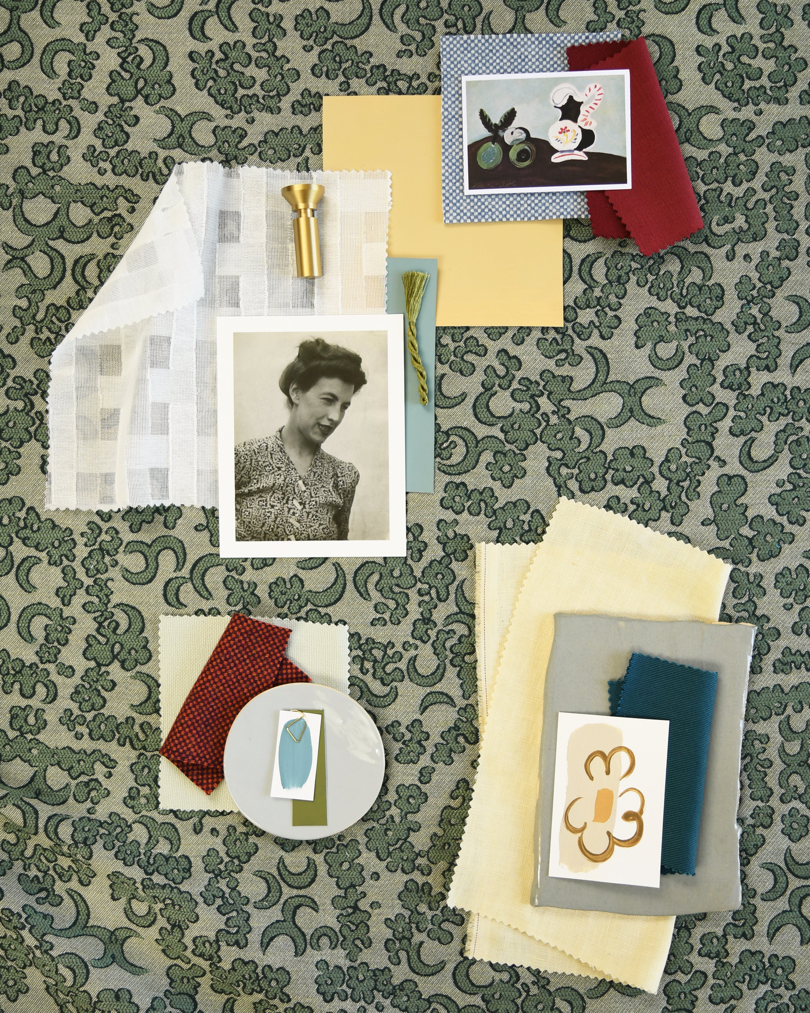 Moodboard with layered swatches of fabrics and inspiration images in palette of green, cream, blue and yellow. 