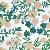 Floral pattern with pink, green, and blue flowers on a white background