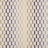Broadloom carpet in a small ombré striped check in shades of blue and green on a cream field. 