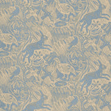 Detail of wallpaper in a playful rabbit and bird print in tan on a dusty blue field.