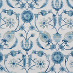 Detail of fabric in a floral paisley print in shades of navy and green on a cream field.