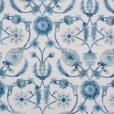 Detail of fabric in a floral paisley print in shades of navy and green on a cream field.