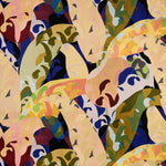 Close up of wallpaper with painterly collaged palm frond pattern in gold, olive green, blue, pint and purple on a white background