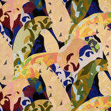 Close up of wallpaper with painterly collaged palm frond pattern in gold, olive green, blue, pint and purple on a white background