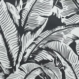 Close up of wallpaper with bold high contrast tropical banana leaf pattern in white on black. 