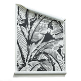 Roll of wallpaper with bold high contrast tropical banana leaf pattern in white on black. 