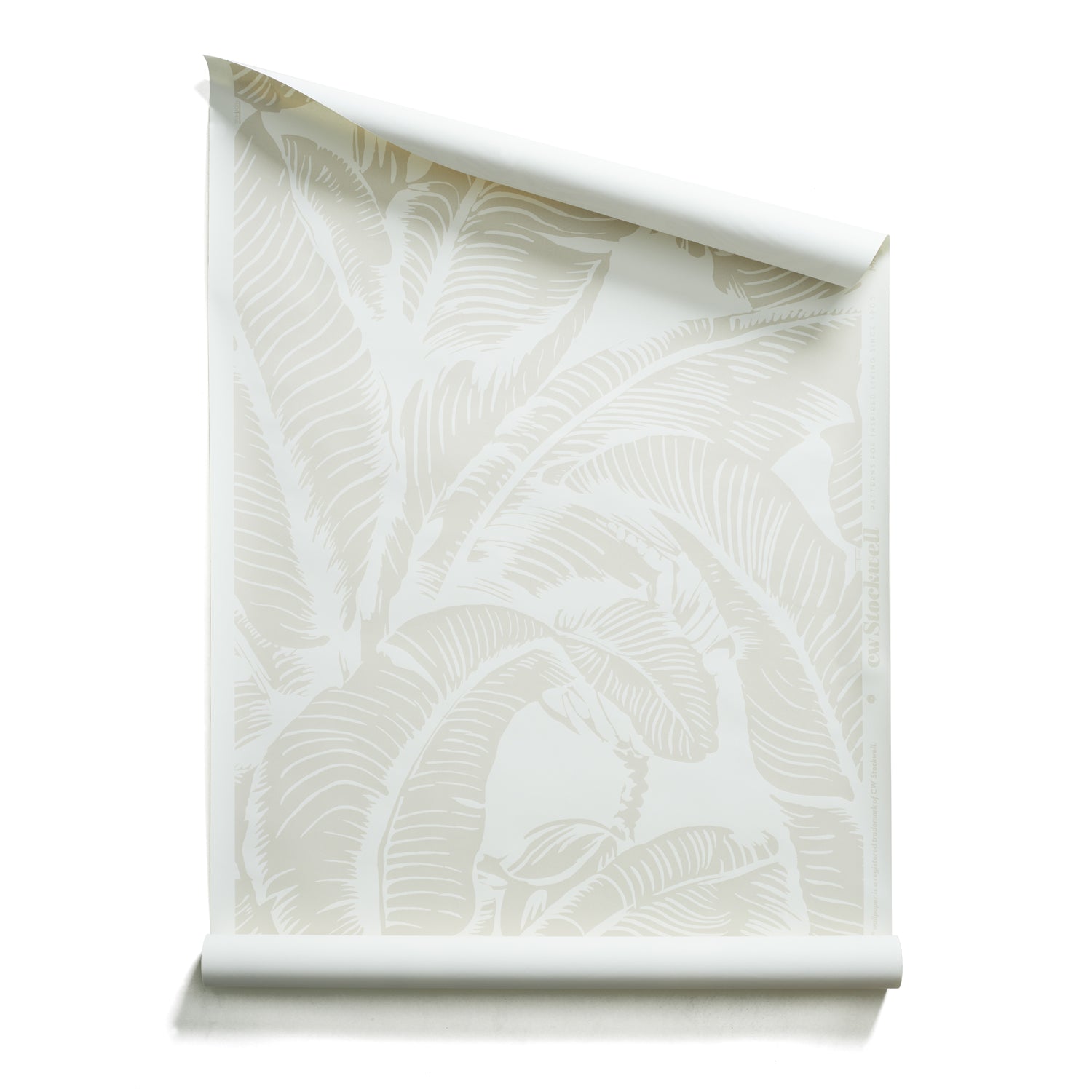 Roll of wallpaper with bold high contrast tropical banana leaf pattern in white on ecru.