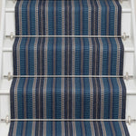 Striped flatweave runner in blue and black on white staircase