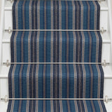 Striped flatweave runner in blue and black on white staircase
