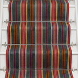 Striped flatweave runner in red and black on white staircase
