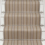 Striped flatweave runner in grey and cream on white staircase