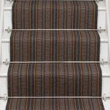 Striped flatweave runner in brown 
 mustard and black on white staircase