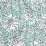 Detail of fabric in a floral print in black and white on a light turquoise field.