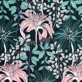 Detail of fabric in a floral print in pink, green and blue on a navy field.