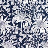 Detail of fabric in a floral print in black and white on a navy field.