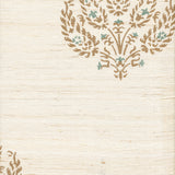 Detail of fabric in a paisley floral print in brown and blue on a cream field.
