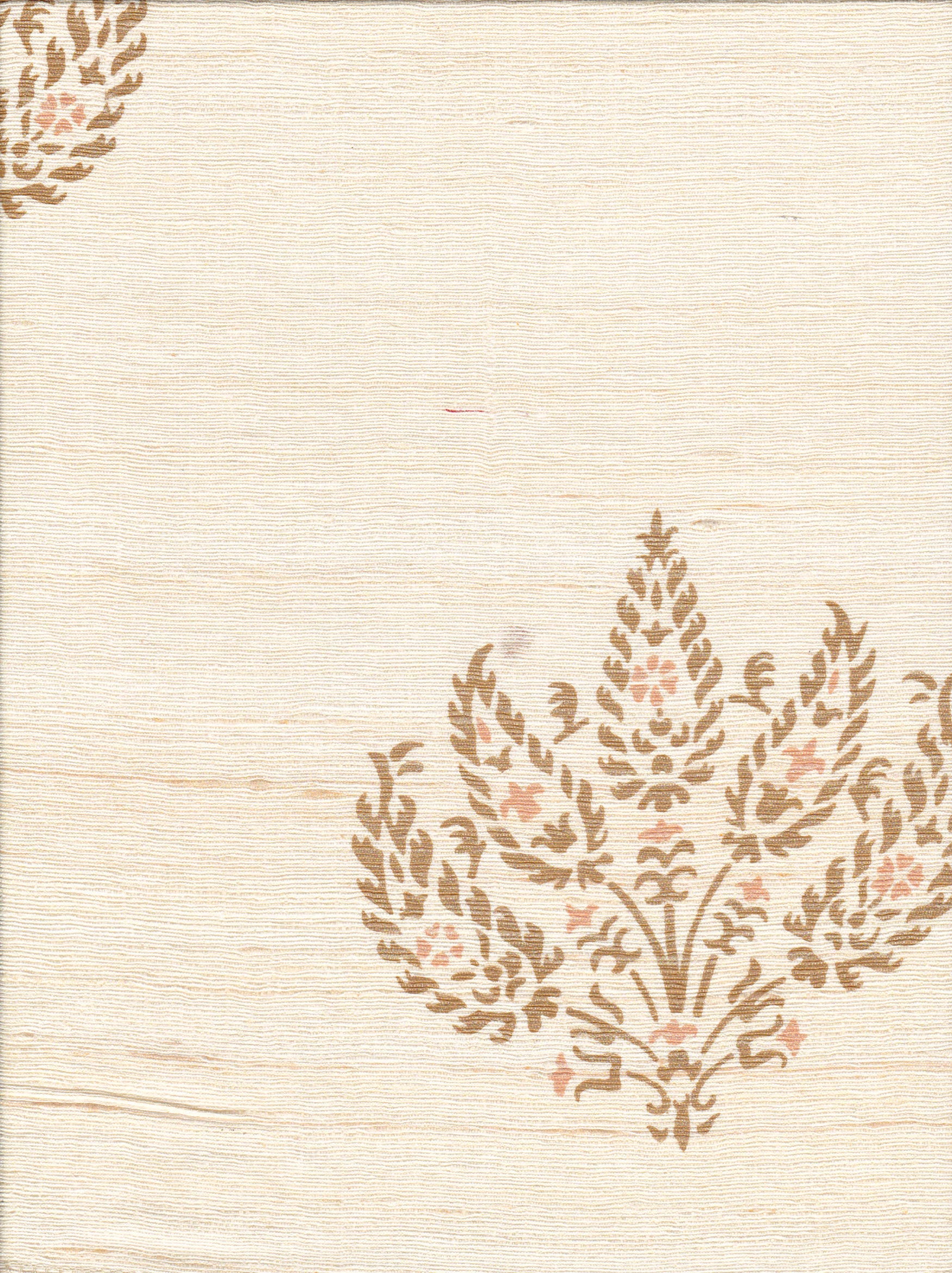 Detail of fabric in a paisley floral print in brown and pink on a cream field.