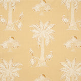 Detail of fabric in a playful palm tree print in tan and white on a light yellow field.