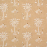 Detail of fabric in a playful palm tree print in tan and white on a light yellow field.