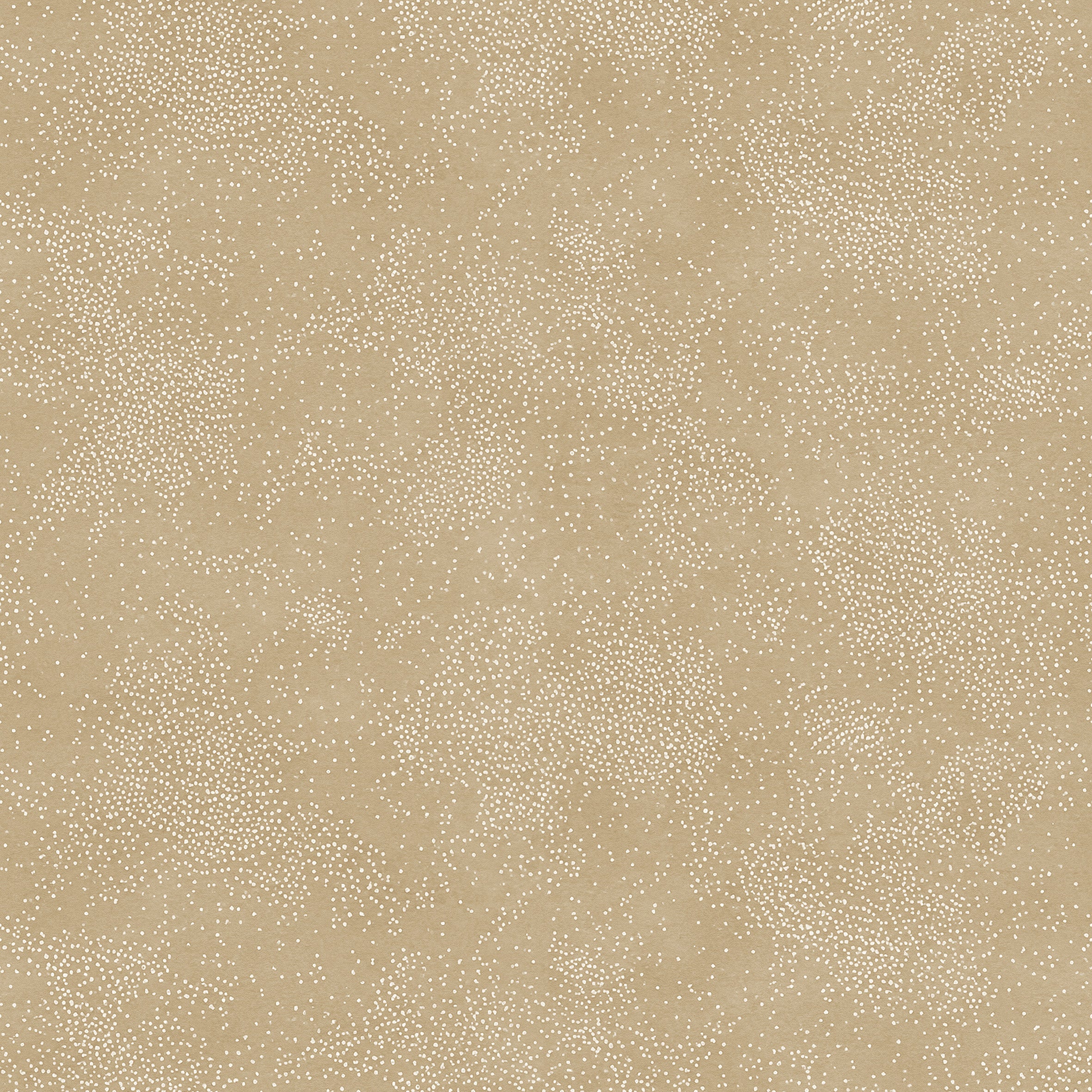 Detail of printed wallpaper with a white celestial dotted pattern on a soft tan background. 