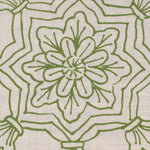 Detail of fabric in a floral medallion print in green on a cream field.